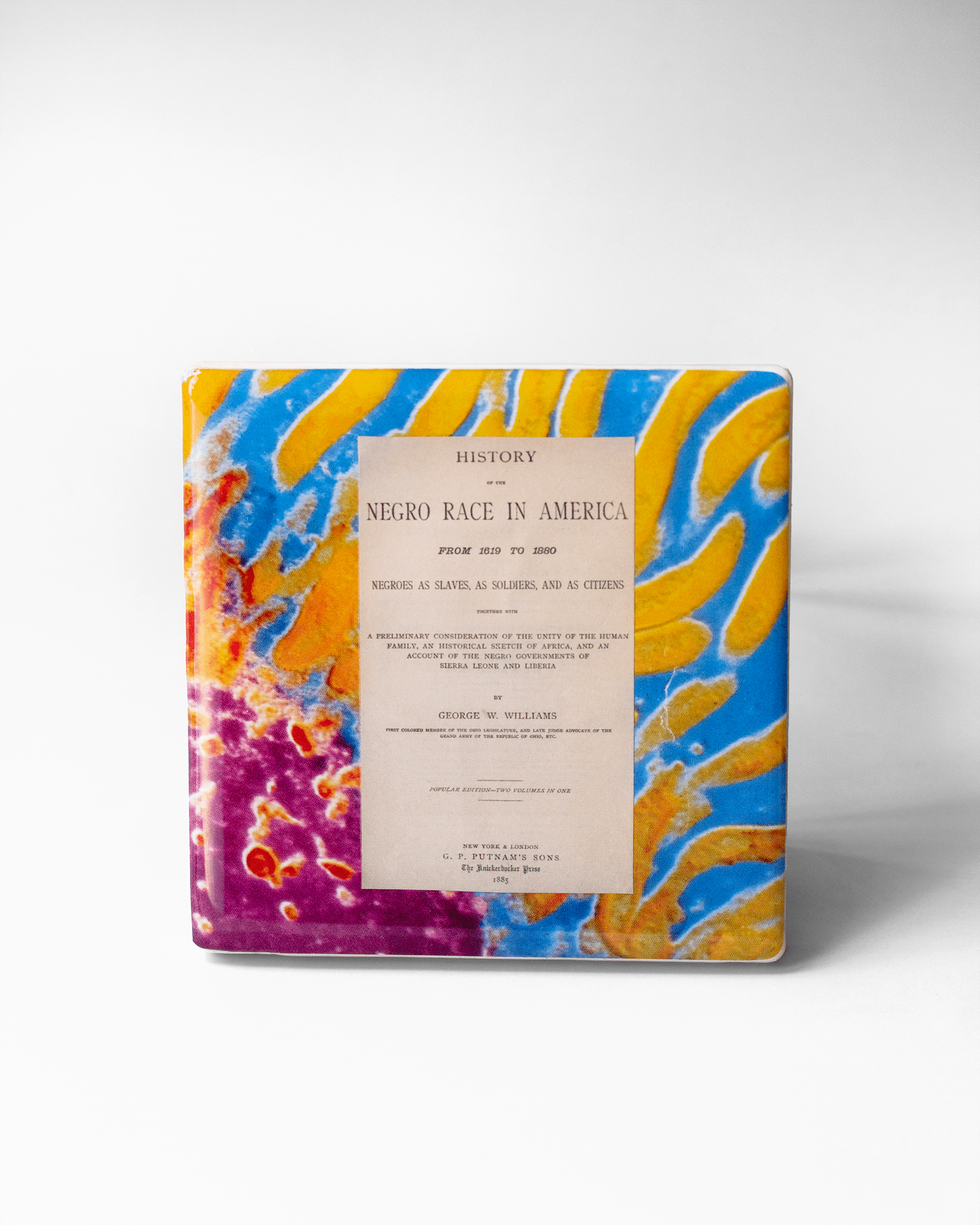 Histories Within x Microscopy | Display Coaster - Quantum Sunshine - No stand. Handmade art tile featuring vivid microscopy sealed in resin. Science-inspired wearable art and meaningful science gift for doctors and STEM professionals. History and resistance home decor.