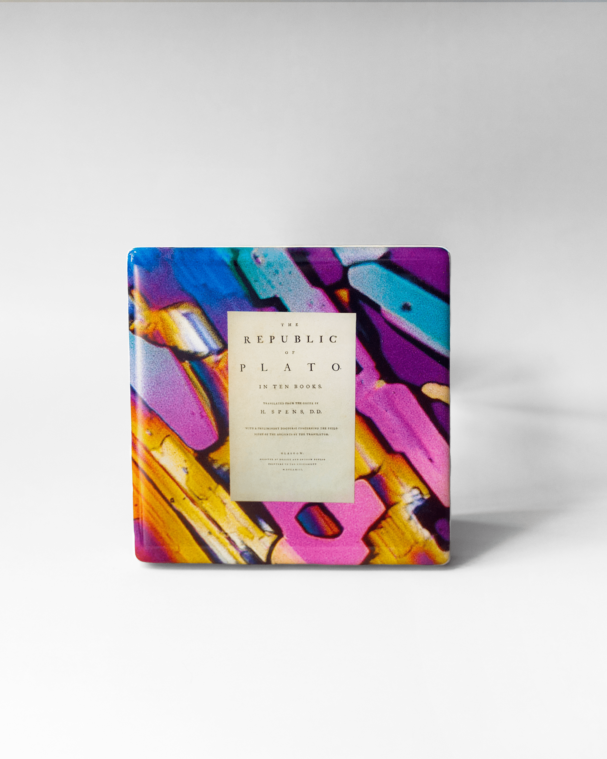 Plato’s Republic x Microscopy | Display Coaster - Quantum Sunshine - No stand. Handmade art tile featuring vivid microscopy sealed in resin. Science-inspired wearable art and meaningful science gift for doctors and STEM professionals. History and resistance home decor.