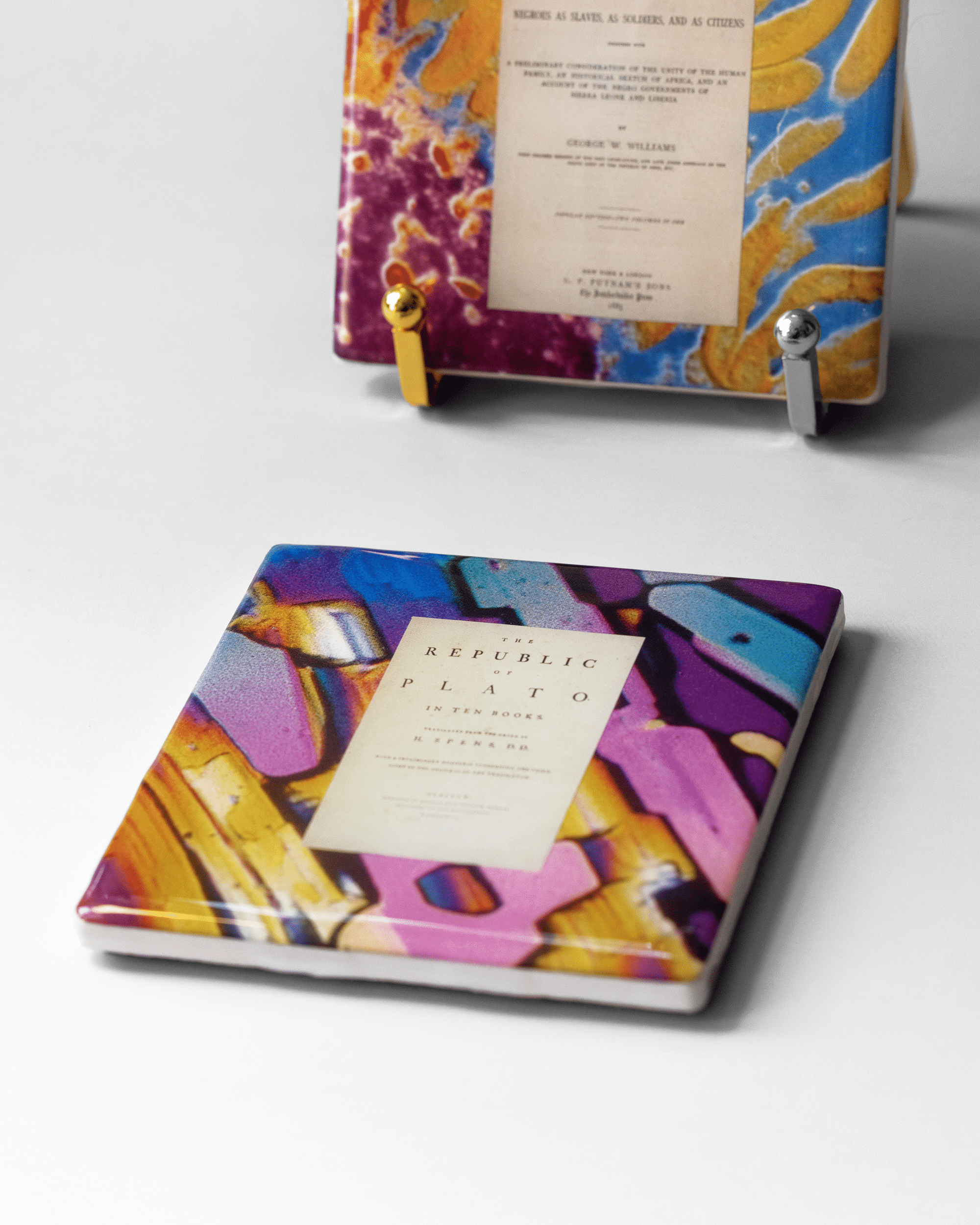 Plato’s Republic x Microscopy | Display Coaster - Quantum Sunshine - No stand. Handmade art tile featuring vivid microscopy sealed in resin. Science-inspired wearable art and meaningful science gift for doctors and STEM professionals. History and resistance home decor. Flat.