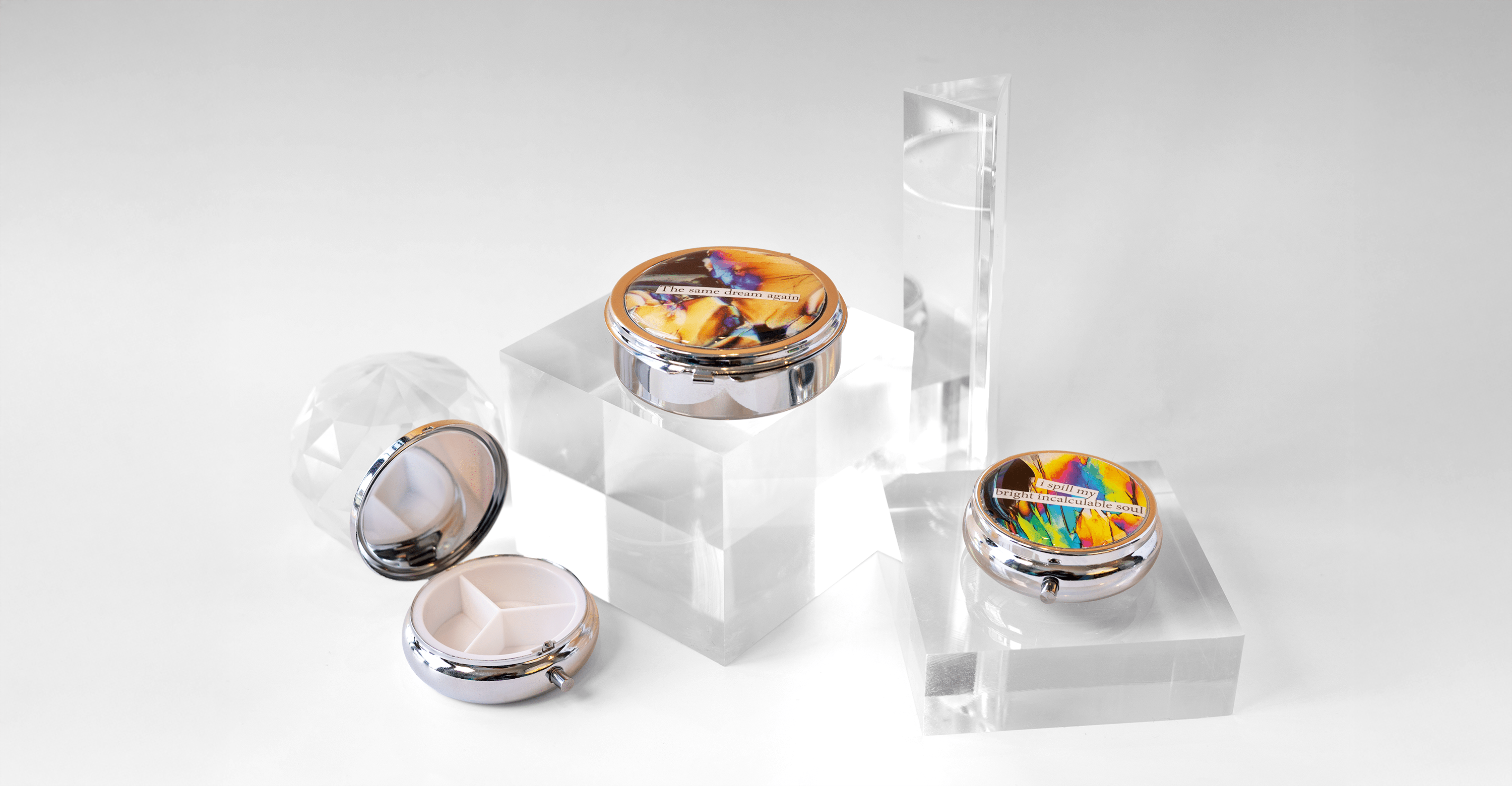 Handmade dopamine molecule pill case featuring vivid microscopy art sealed in resin. Science-inspired pillbox and meaningful STEM gift for thinkers and dreamers. Display.