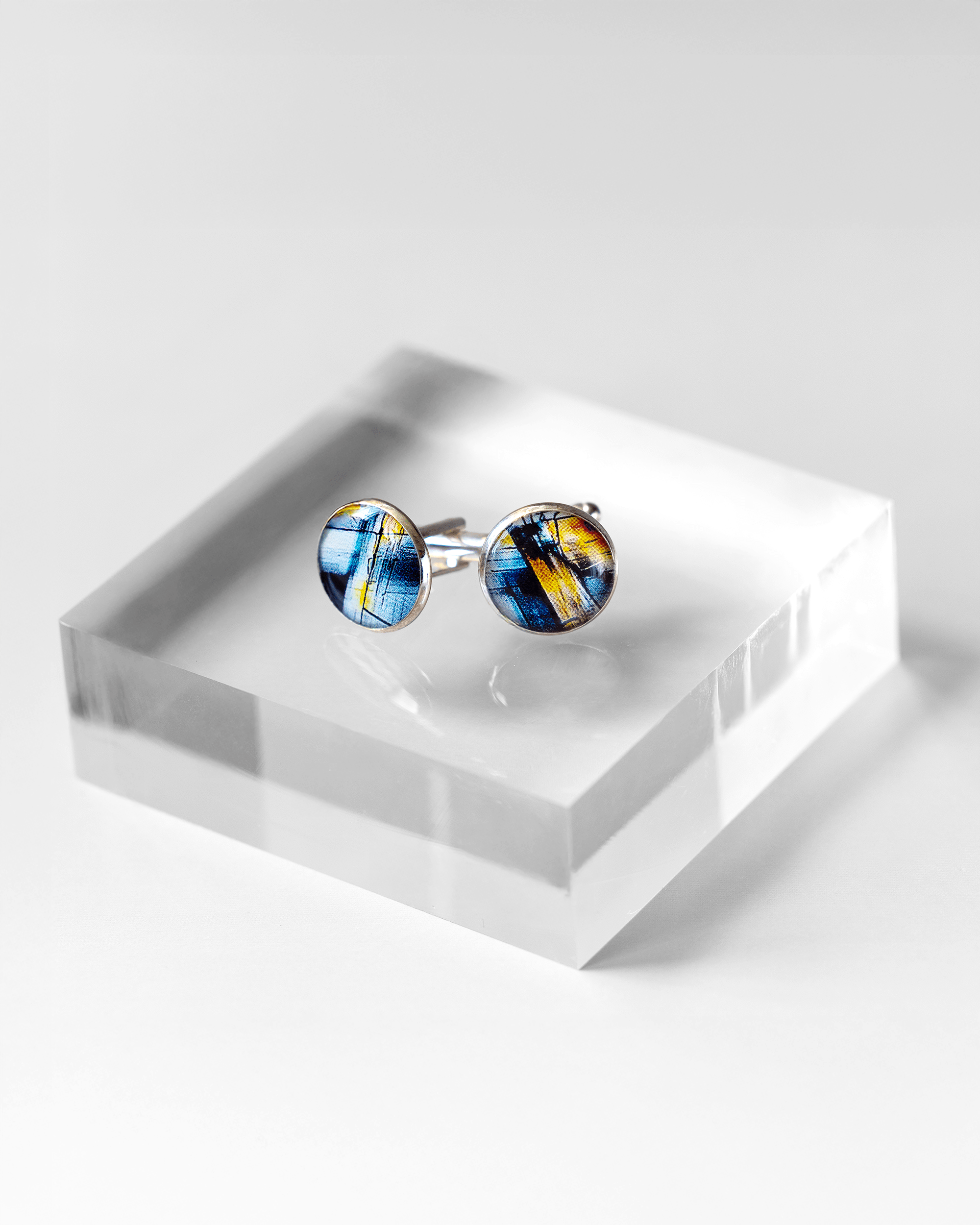 Handmade Viagra molecule microscopy cufflinks in silver-plated brass with glossy resin finish. Unique and funny science jewelry gift for doctors, pharmacists, and STEM professionals. Full shot.