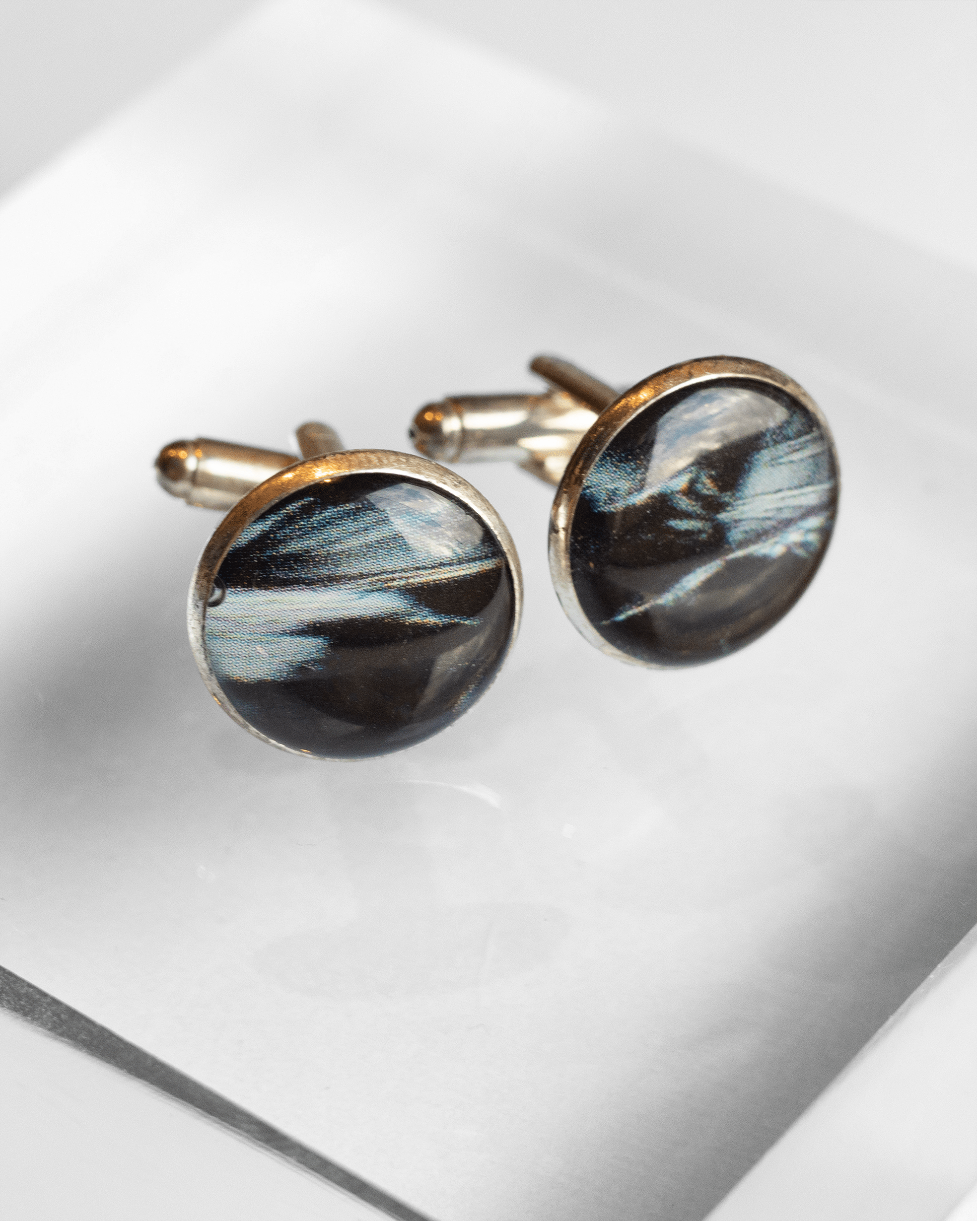 Handmade Prozac molecule microscopy cufflinks in silver-plated brass with resin coating. Meaningful science jewelry gift for healthcare professionals. Up close.