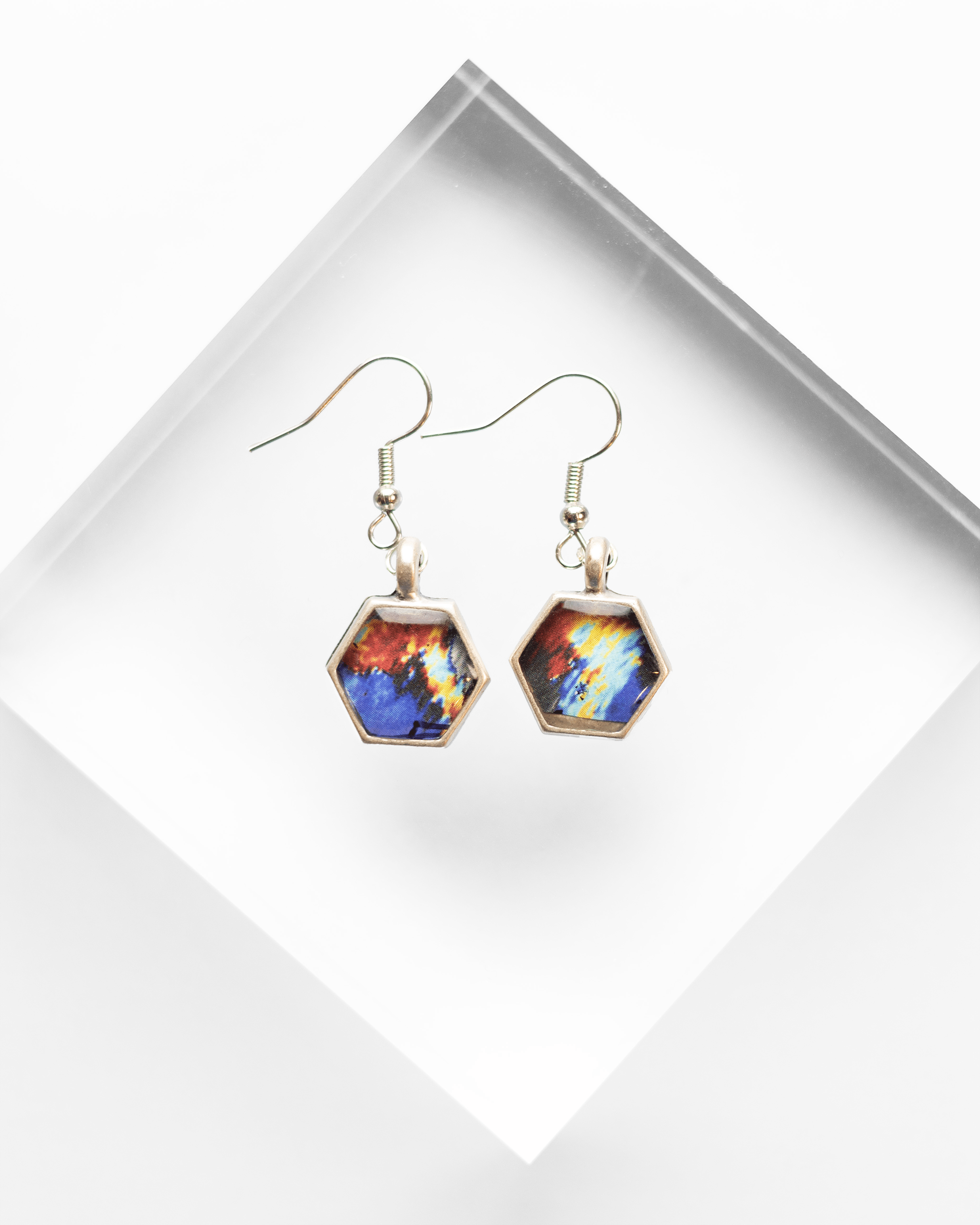 Pulse Earrings - Quantum Sunshine. Handmade jewelry featuring vivid ultrasound art sealed in resin. Science-inspired wearable art and meaningful science gift for doctors and STEM professionals.