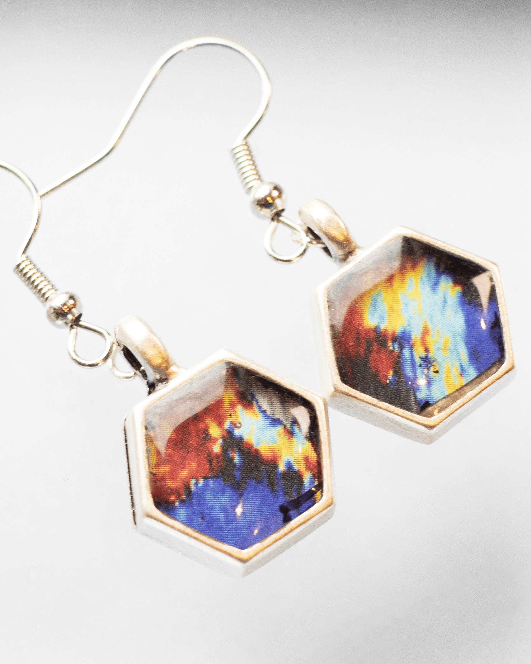 Pulse Earrings - Quantum Sunshine. Handmade jewelry featuring vivid ultrasound art sealed in resin. Science-inspired wearable art and meaningful science gift for doctors and STEM professionals. Macro.