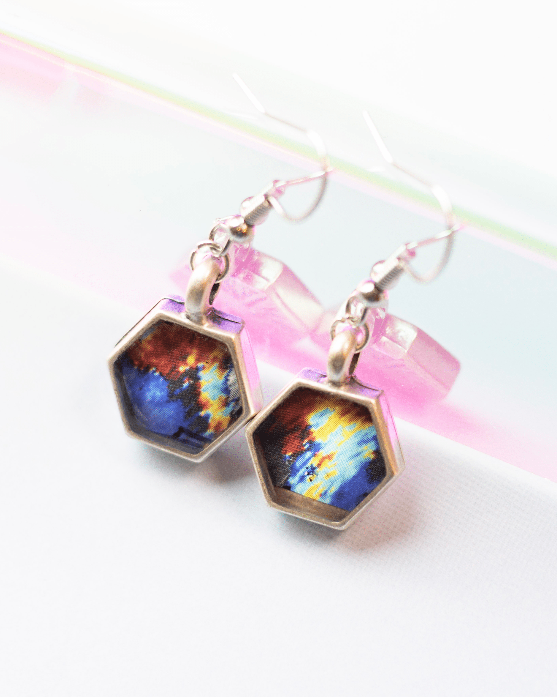 Pulse Earrings - Quantum Sunshine. Handmade jewelry featuring vivid ultrasound art sealed in resin. Science-inspired wearable art and meaningful science gift for doctors and STEM professionals. Up close.