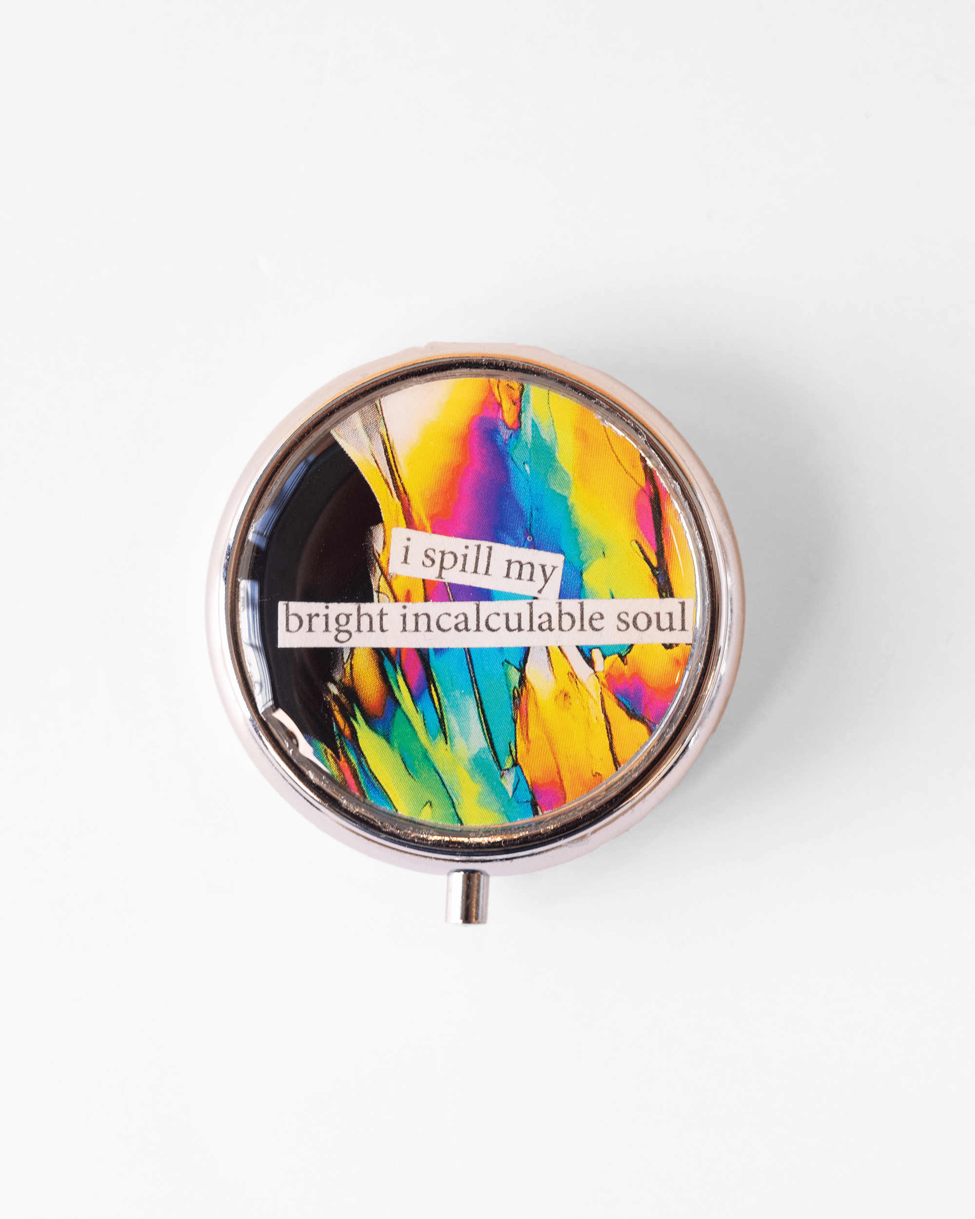 Handmade dopamine molecule pill case featuring vivid microscopy art sealed in resin. Science-inspired pillbox and meaningful STEM gift for thinkers and dreamers.